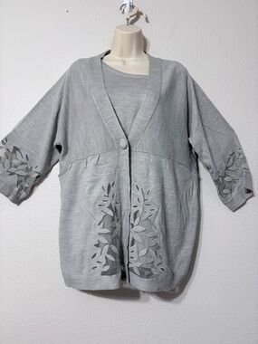 Light Gray Knit Open Front Cardigan w Decorative Leaf Mesh Detail w Shell XL